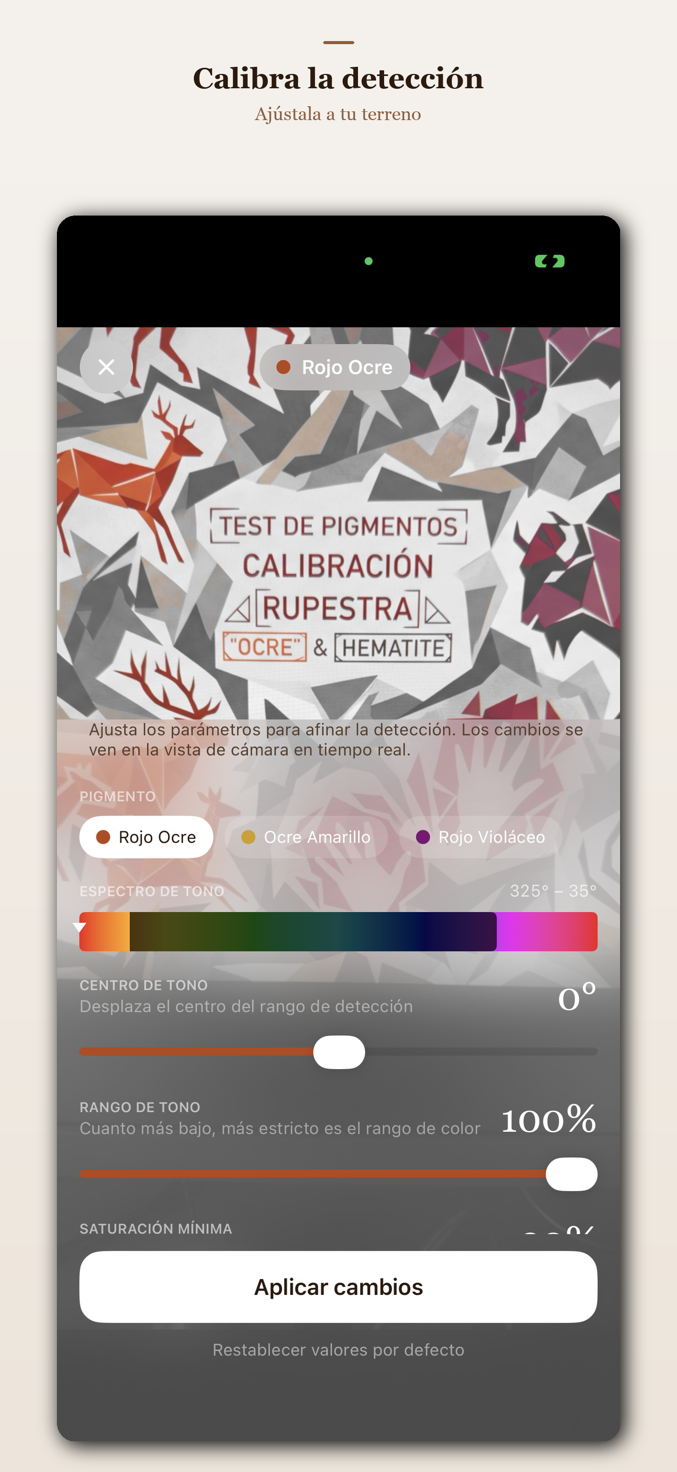 Interfaz de Rupestra mostrando la calibración y procesado de imagen