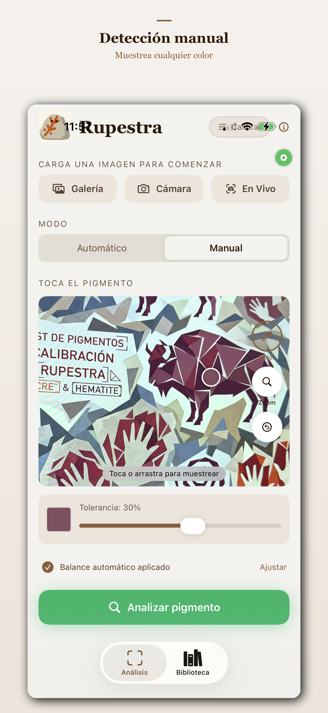 Detección manual de pigmentos con cuentagotas sobre la imagen