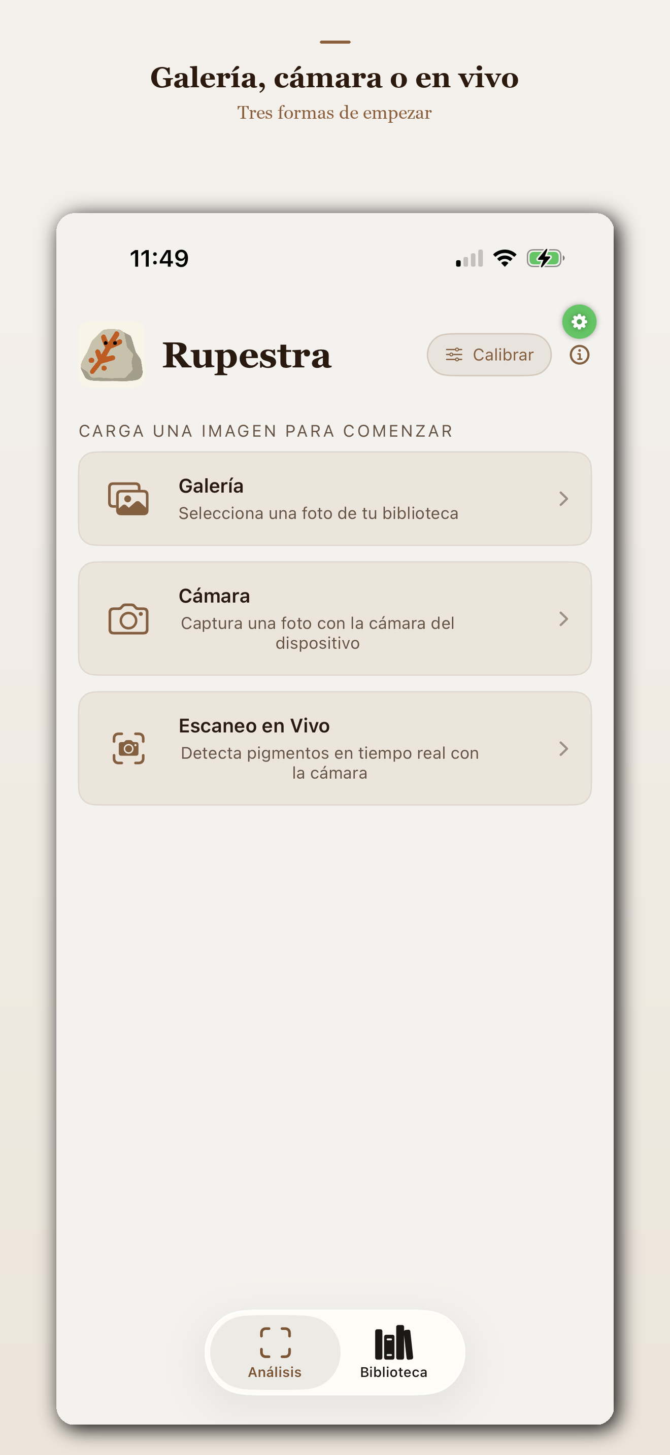 Pantalla de inicio de Rupestra con opciones de Galería, Cámara y En Vivo